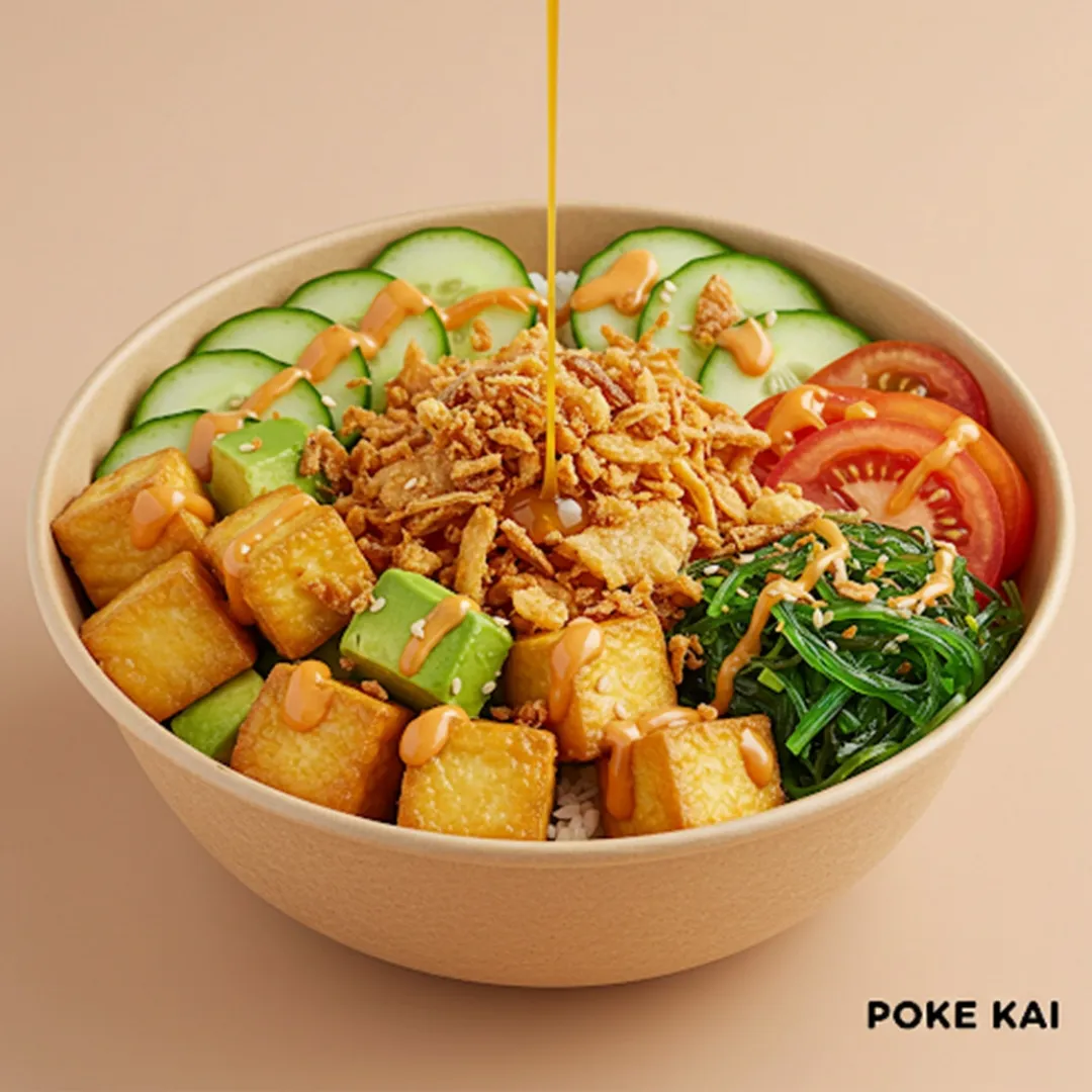 Tofu poke bowl with cucumber, seaweed and pouring sauce